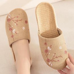 Slippers Linen For Women And Summer Couples Embroidered Anti Slip Soft Soles Indoor Use Cotton Floor Sandals