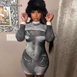 Casual Dresses ANJAMANOR 3d Body Print Sexy Dressses Women 2024 Spring Fashion Long Sleeve Mini Bodycon Dress Club Outfits D96-BF23
