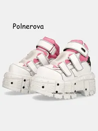 Dress Shoes White And Pink Mixed Colours Pumps Rivet Hook Loop Fasteners Women's Thick-Soled High Top Street Po Spring