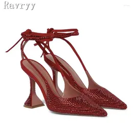 Sandals 2024 Spring Summer Bling Crystal Satin Horseshoe Heel Diamond Hollow Pointed Toe High Party Women Shoes