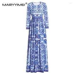 Casual Dresses MARYYIMEI Fashion Designer Dress Spring Autumn Women Long Sleeve Classic Blue And White Porcelain Print Maxi