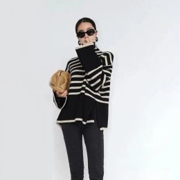 Women Long Sleeve Sweater Contrast Color Pullover Sweater Cozy Stylish Women's Sweater High Collar Striped Print Soft Sweater