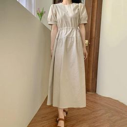 Casual Dresses Vestidos Elegantes Para Mujer Women's Summer Cotton And Linen Dress Pleated Waist 2024 A Line Short Sleeve Hip Lace Up