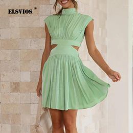 Party Dresses Solid Colour Sweet Summer Hollow Out Off-waist Short Dress For Women Fashion Stand Collar Casual Garment Sleeves Slim