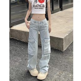 Women's Jeans 2024 Spring Autumn Women Light Blue Workwear Pocket Vintage High Waisted Wide Legs Denim Pants Trendy Street Trousers