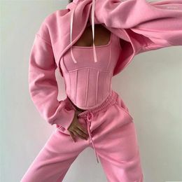 Women's Two Piece Pants Fitness Solid Fleece 3 Sets Tracksuits Women Lace Up Corset Long Sleeve Hooded Sweatshirts Crop Top Jogger Suits