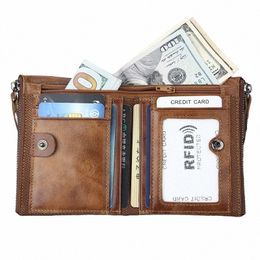 rfid Protected Classical Genuine Leather Men Wallet Card Holders Wallets Double Zippers Coin Wallet Men Leather Short Purse r9Qc#