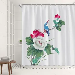 Shower Curtains Flower And Bird Print Curtain Chinese Ink Painting Floral Animal Peacocks Bamboo Screen Decor Toilet Bathtub Hooks