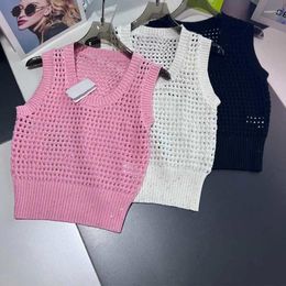 Women's Vests 2024 3 Colour Hollowed Out Sequin Knitted Vest Fashion Pit Strip Round Neck Sleeveless Pullover High End Clothing Spring