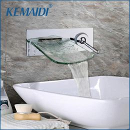 Bathroom Sink Faucets KEMAIDI Wall Mounted Waterfall Glass Spout Crystal Diamond Handle Chrome Brass Faucet Single Mixer Taps