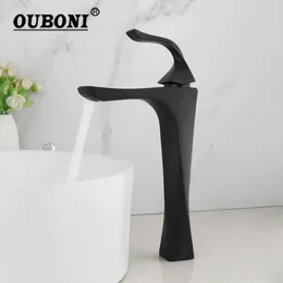 Bathroom Sink Faucets OUBONI Matte Black Basin Faucet Deck Mounted Mixer Bamboo Shape Single Hole Handle High Taps