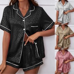 Womens Satin Printed Pyjamas Sets Short Sleeved Lapel Silk Housewear Comfortable Girl Tops+Shorts 2 Pcs Set Size 12 Plus-size
