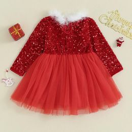 Girl Dresses Toddler Christmas Costume Dress Sequin Tulle Patchwork Long Sleeve A-Line With Belt