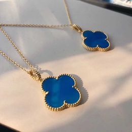 Designer High Version 925 sterling silver Van large blue jade chalcedony four leaf clover necklace plated with 18K sweater chain pendant collarbone