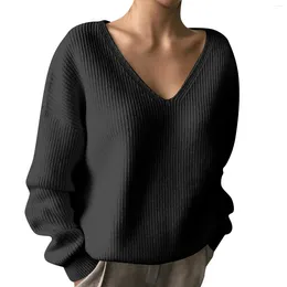 Women's Sweaters Autumn And Winter Knitted Sweater Tops Fashionable Loose Hem Slit Solid Colour V-Neck Pullover Pull Femme