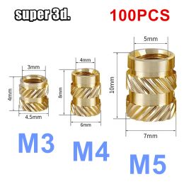 100pcs Nut M3 M4 M5 Thread Knurled Hot Melt Brass Threaded Heat Set Heat Resistant Insert Embedment Nuts for 3D Printer Parts