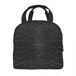 Black Crocodile Skin Leather Insulated Lunch Bags for Work School Alligator Texture Cooler Thermal Lunch Box Women Kids