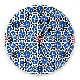 Wall Clocks Abstract Morocco Blue Flower Print Clock Art Silent Non Ticking Round Watch For Home Decortaion Gift