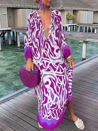 Casual Dresses Spring Autumn Long Sleeve Print Bohemian Dress Women Elegant V Neck Patchwork Femme Streetwear Loose Maxi Vestidos