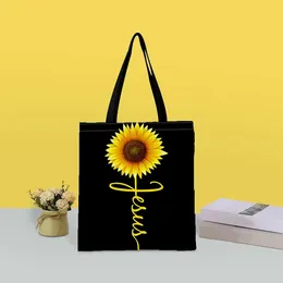 Shopping Bags Sunflower And Letter Print Canvas Tote Bag Lightweight Casual Shoulder For Everyday Use