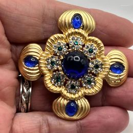 Brooches CROSS BROOCH Pin Rhinestone Cobalt Blue Cabochons Costume Jewellery