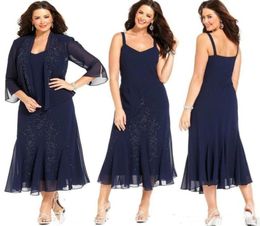 2020 Elegant Dark Navy Chiffon Tea Length Crystal Plus Size Mother of the Bride Dresses with Jacket 34 Long Sleeves Evening Gowns3002120