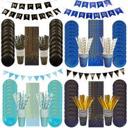 Blue Disposable Tableware Set Navy Blue Black Paper Plate Cups Tablecloth Straws Wedding Birthday Baby Shower Party Decorations