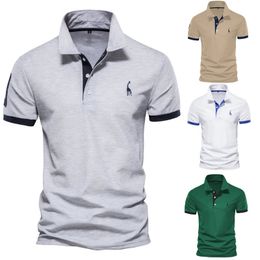 Summer Mens Fawn Embroidered Plain Solid Polo Shirt Business Casual Short Sleeve Lapel Button Mens T-shirt 240320