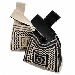 fi Geometric Pattern Knitted Handbag Minimalist Korean Women Mini Knot Wrist Bag Student Reusable Shop Bags e6Gt#