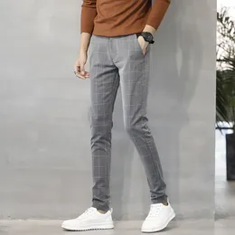 Men's Pants 2024 Spring Summer Fashion Slim Fit Stretch Male High Waist Plaid Trousers Korean Long Casual I638