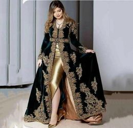 Moroccan Kaftan Elkadi Algerian A Line Velvet Evening Dresses Split Gold Appliques Lace Muslim Prom Formal Gowns Dubai Arabic Wome1864616