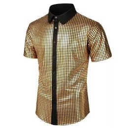 Mens Stage Prom Top Shiny Rainbow Plaid Sequin Short Sleeve Shirt Men Dance Festival Christmas Halloween Party Costume Homme