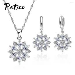 Necklace Earrings Set Elegant Clear Crysatl Zircon Floral Pendant For Bridal Women 925 Sterling Silver Jewellery Gift