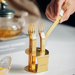 Dinnerware Sets 6Pcs Gold Fruit With Stand Coffee Fork Set Cake Dessert Mini Tea Forks Afternoon Party Silver Cutlery Snack Kitchen