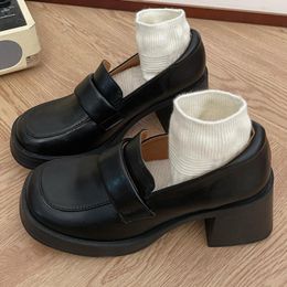 Dress Shoes High Heels Loafers Women Platform Mary Jane 2024 Leather Pumps Woman Slip On Black Jk Uniform