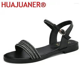 Sandals HUAJUANER 2024 Girl's Flat Women Genuine Leather Buckle Comfortable Beach Summer Casual Shoes Big Size 42 43