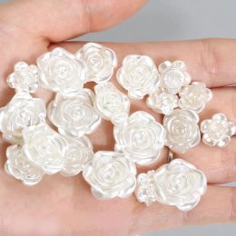 50pcs 3D White Pearl White Camellia Sewing Buttons Rose Flowers Resin Nail Art Rhinestone DIY Jewellery Earring Decor Loose Beads