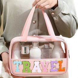 preppy Clear TRAVEL Makeup Bags with Chenille Letter STUFF Patches Large Clear Make up Bag Zipper Pouch with Handle D57l#