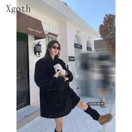 Women's Jackets Xgoth Chic Fur Coats Solid Loose Casual Thick Black Lamb Coat Winter Korean Style Long Sleeve Preppy Female Tops