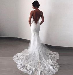 Charming White Mermaid Lace Open Back Bridal Wedding Gowns Spaghetti Straps Appliqued Wedding Dresses for Bride 20225024962