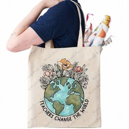 teachers Change The World Shop Bag, Casual Canvas Shoulder Bag Reusable Foldable Storage Tote Bag Handbag, Gift For Teacher 83SK#