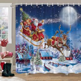 Winter Christmas Shower Curtain Red Truck Snowman Reindeer Snowy Farmhouse Bath Curtain Washable Polyester Fabric Bathroom Decor