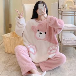 Autumn Winter Flannel Women's Pyjamas Sets Cute Bear Printed Sleepwear Plus Size 4XL 5XL Homewear Set Girl Pijamas Mujer Pyjama