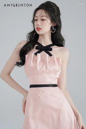 Casual Dresses High-Grade Pink Halter Dress For Women Summer Sweet Elegance Sleeveless Slim Fit Sling A-line Graceful Party