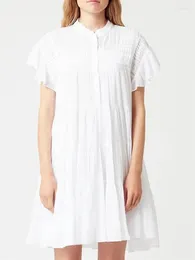 Party Dresses Spring Summer Women Cotton Ruffles Mini Dress Stand Collar Lady Short Sleeve Pleated White Or Black Robe With Buttons