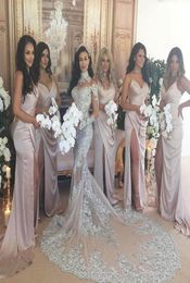 Sexy VNeck Long Satin Bridesmaid Dresses with Slit Floor Length Dusty Rose Open Back Maxi Dress for Women7828996