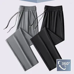 Men's Pants 2024 Summer Soft Lce Silk Fabric Thin Casual Drawstring Straight High Stretch Trousers Male Brand Quick Drying