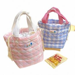 plaid Lunch Bag Women Thermal Big Capacity Drawstring Lunch Box Tote Food Bags Office Worker Portable Insulated Food Storage Bag v2Aq#