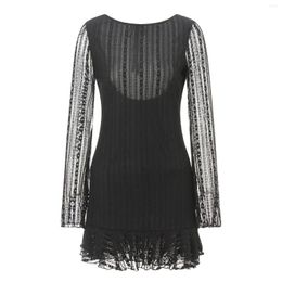 Casual Dresses Women's Lace Mini Dress Vintage Long Sleeve Open Back Lettuce Trim Solid Color Short Clubwear