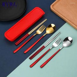 Flatware Sets 4Pcs Cutlery Spoon Fork Chopsticks Knife Set Stainless Steel Lunch Tableware With Box Camping Travel Kitchen Utensils